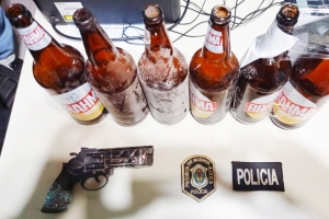 La réplica del arma, los envases de la discordia y dos escudos policiales.